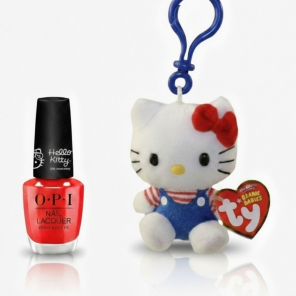Ty Hello Kitty Plush Keychain White with Red Bow and Blue Overalls